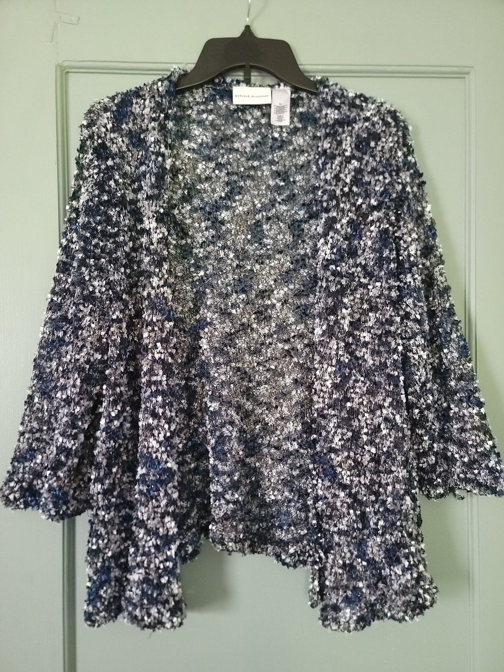 Alfred Dunner Blue and Gray Open-Front Textured Cardigan